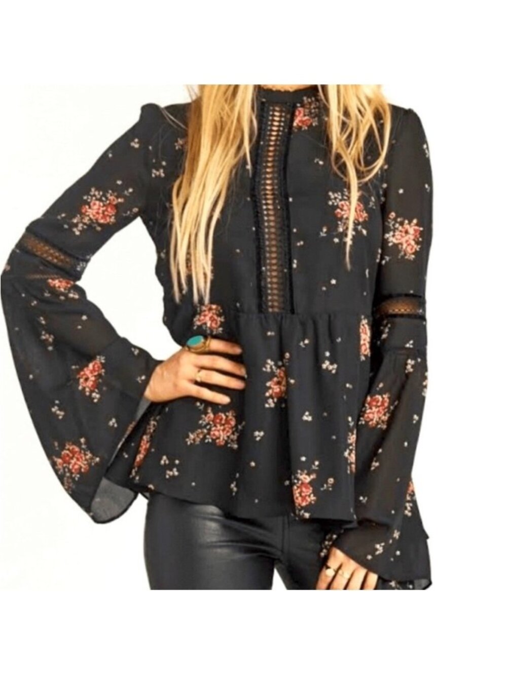 Show Me Your Mumu Black Floral Long Sleeve Lafayette Blouse Top Size Small